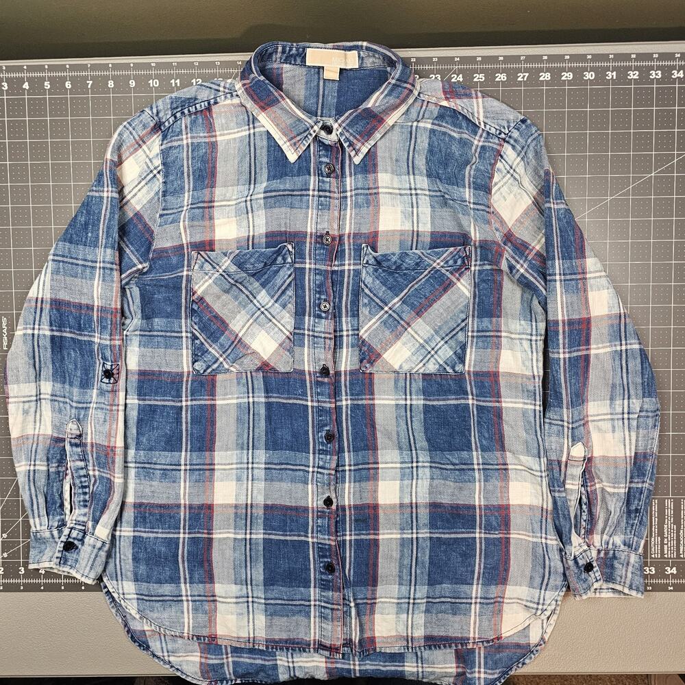 Michael Kors Shirt Womens Medium Indigo Blue Plaid Flannel Roll Tab Classic